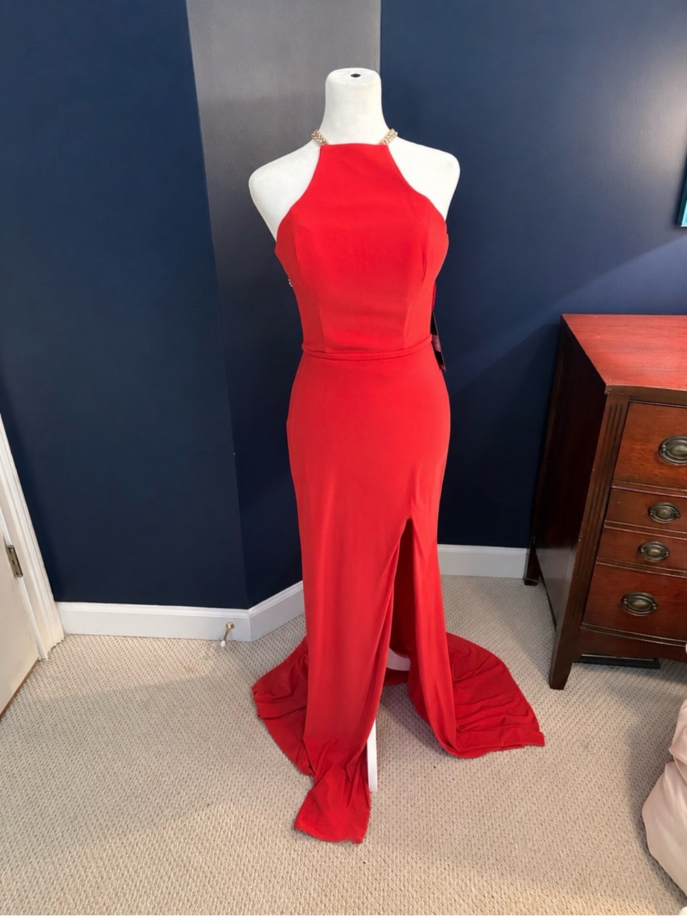 La Femme Red/Coral Halter Gown with Chain Neckline and Slit